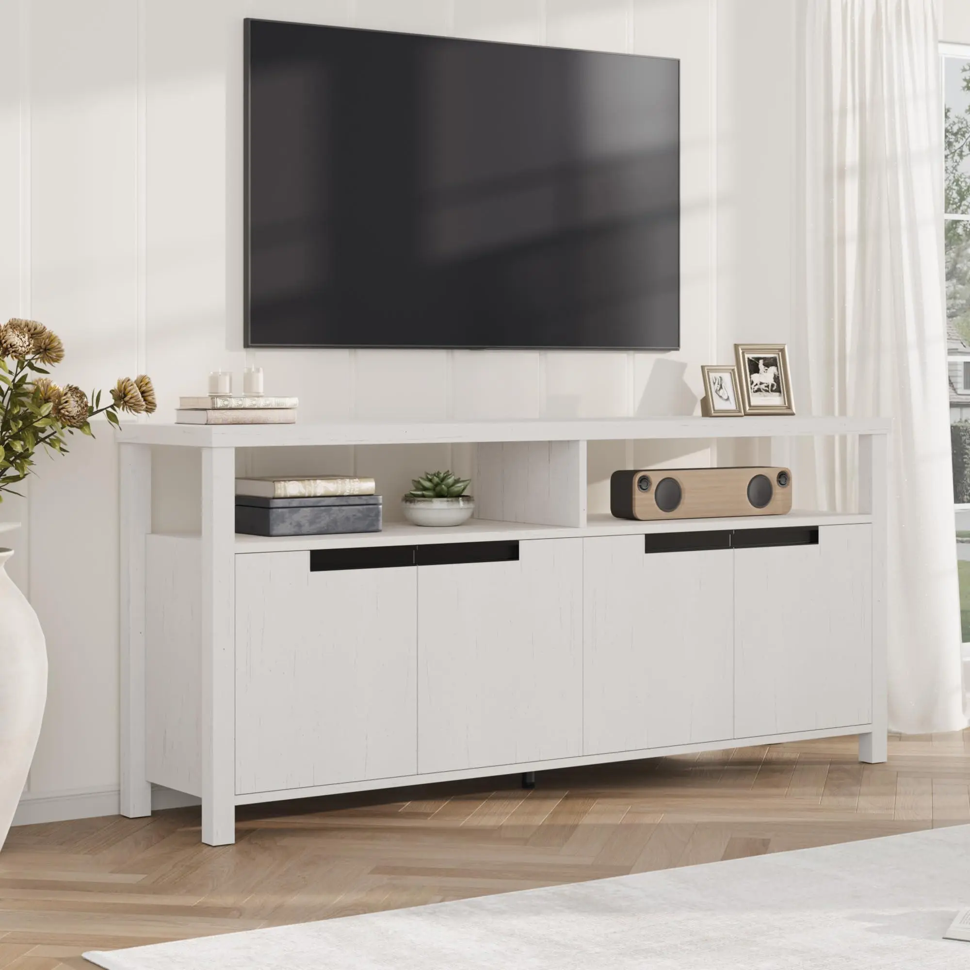TV Stand for 70 Inch TV, 63 Inch Long Farmhouse Entertainment Center with Storage and Open Shelf, Modern Tall Media Console Table for Living Room, Bedroom, Large Television Stand