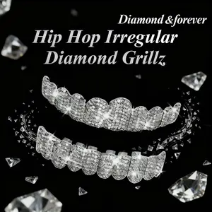 MAYLOR Hip Hop 2 Pcs/Set Realistic Grillz Grills for your teeth Diamond Grillz Micro-Paved Zircon Full Coverage Iced Out Luxury Statement Hip Hop Party Nightclub Performance Silver Iced Out Diamond Teeth Grillz  Rapper Costume Mouth Jewelry