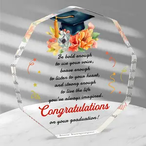 Octagonal Acrylic Graduation Plaque, Flower & Graduation Cap Design Desk Ornament, Inspirational Quote Gift for Graduates, Students, Office Decor