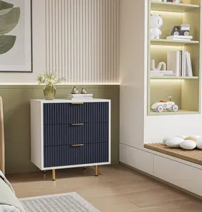 DFW 3 Drawer Dresser for Bedroom, Fluted Modern Nightstand with Deep Drawers, Chest of Drawers with Wide Top, Wooden Dresser Organizer, Side Table for Living Room, Hallway, Kids Room White+navy Blue