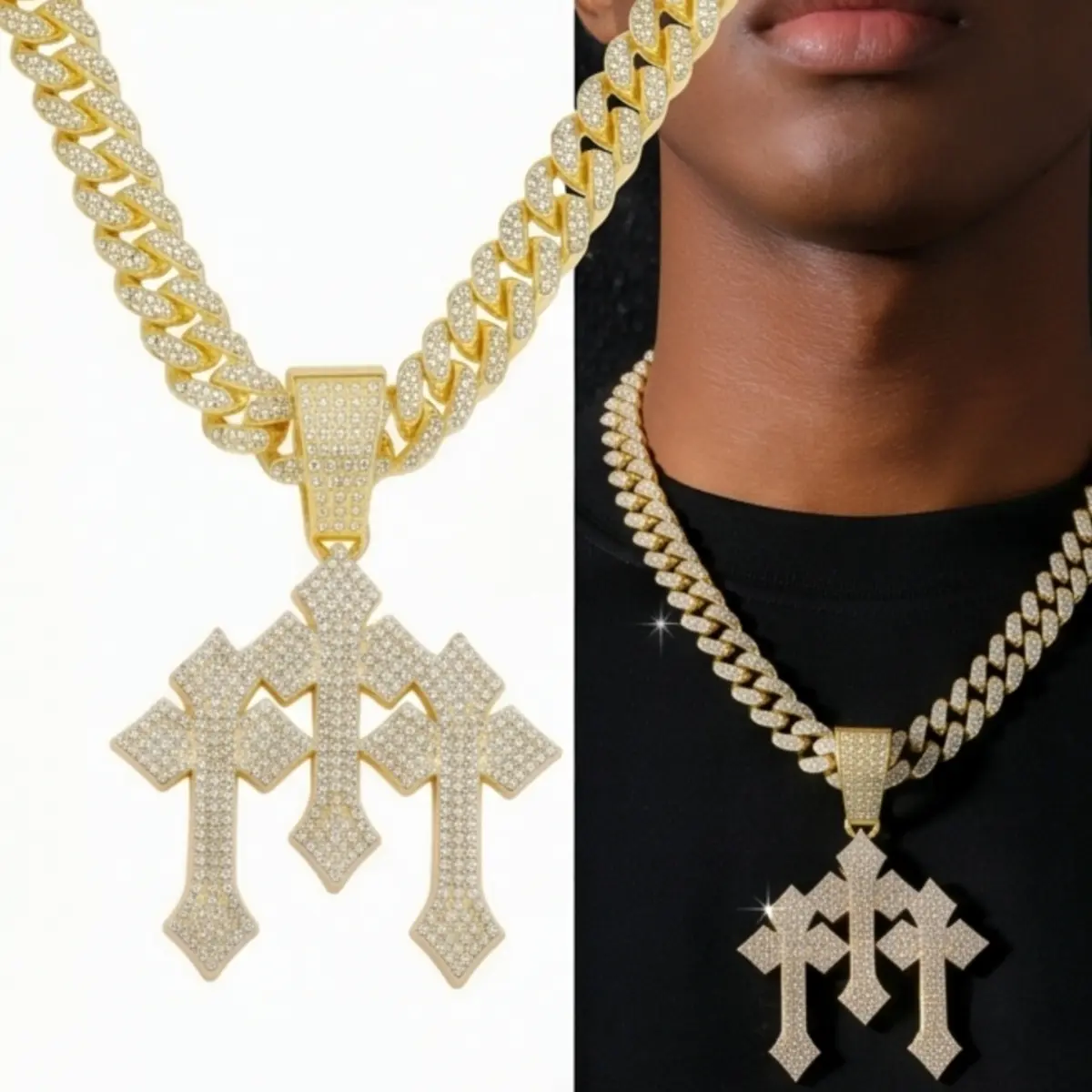 Artificial Zircon Iced Out Geometric Cross Pendant Necklace - 9mm Cuban Chain & Link, Metal Coating, Long Length, Hip Hop Bling Costume Jewelry for Men, Party & Daily Wear Gift, Includes Pendant, Retro, Unisex, Alloy, One-Piece