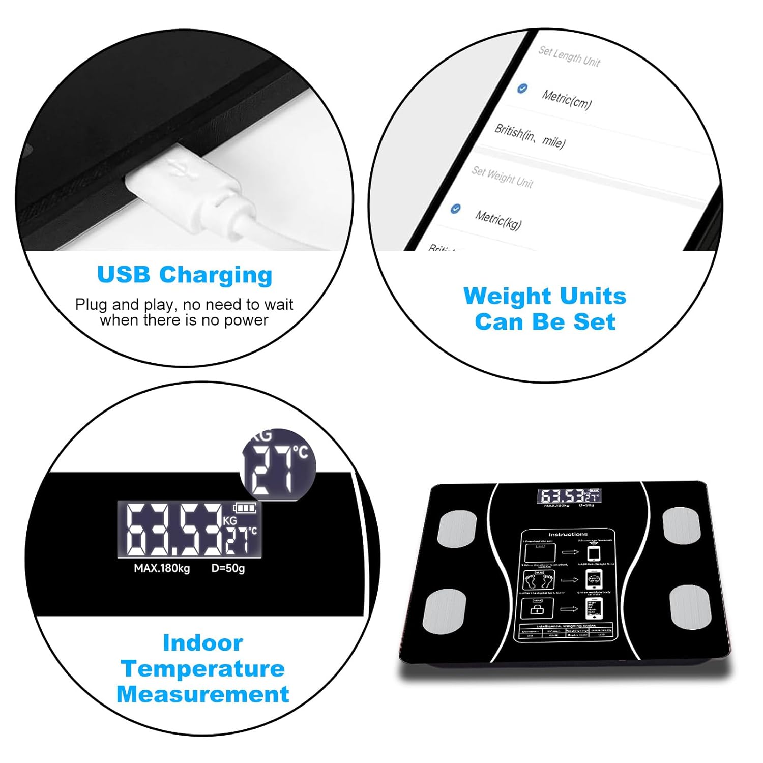 Smart Bathroom Scale for Body Weight, Digital Weighing Scale with BMI, Body Fat, Muscle Mass, Bluetooth Machine for People, Work with App, Compact Size, 400lb