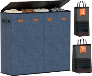 Laundry Hamper 4-Section with Lid, 185L Laundry Sorter with 4 Removable Bags + 1 Extra Large Bag, Switchable 3/4 Compartment, Laundry Basket Organizer for Bedroom, Laundry Room，Navy Bule