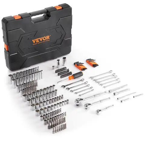 VEVOR 205-Pc Multifunctional Mechanic Tool Kit, Repair Toolkit with 1/4"-3/8"-1/2" Drive Sockets, SAE/Metric Bits, Wrenches, High Torque Complete Accessories, Anti-Skid Portable Storage Case for DIY Maintenance, Ideal Mechanic Gift