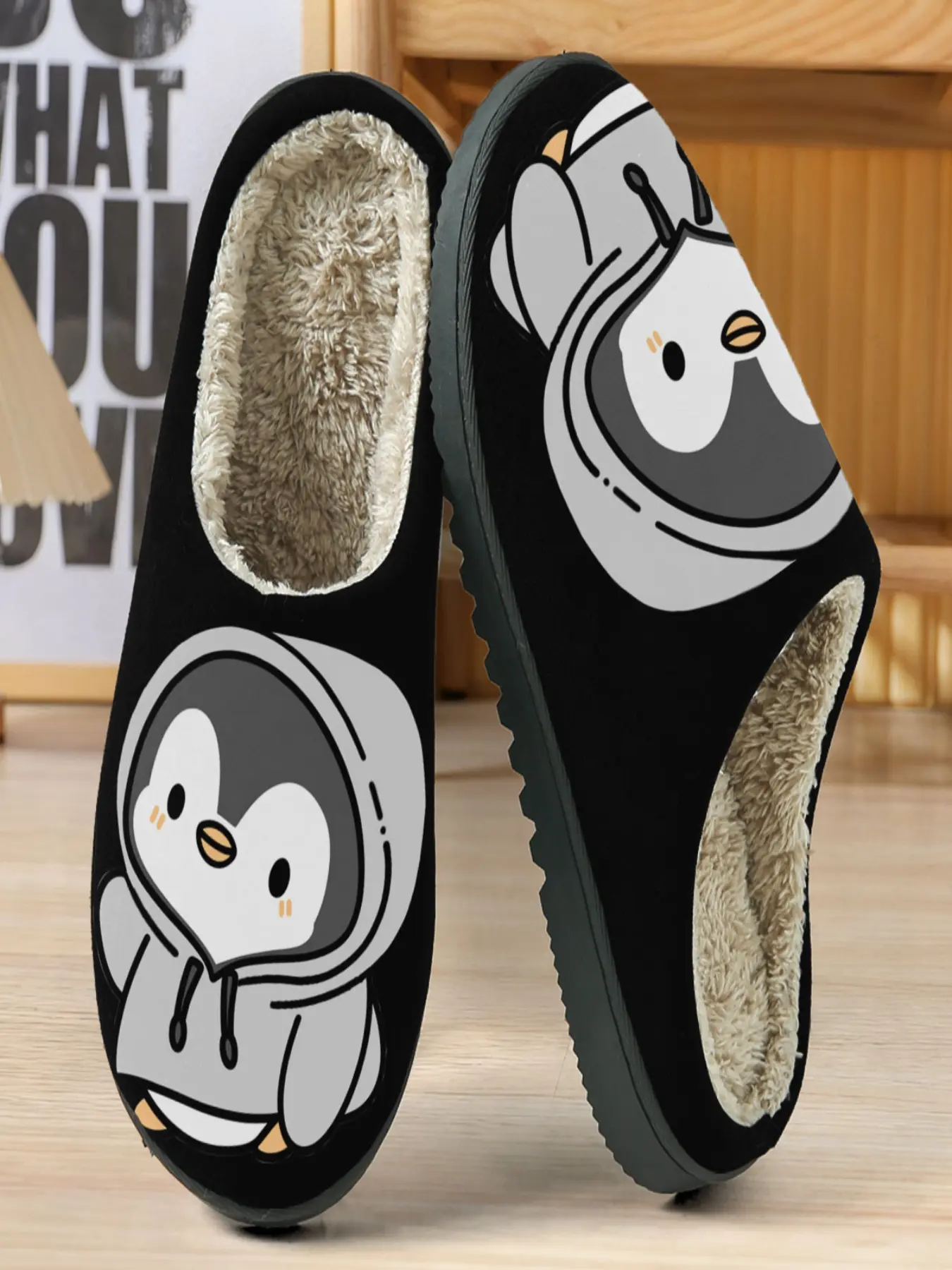 Cute Penguin Cotton Slippers, Bottom Hooded Illustration, Soft Plush Lining, Warm Home Wear for Penguin Lovers