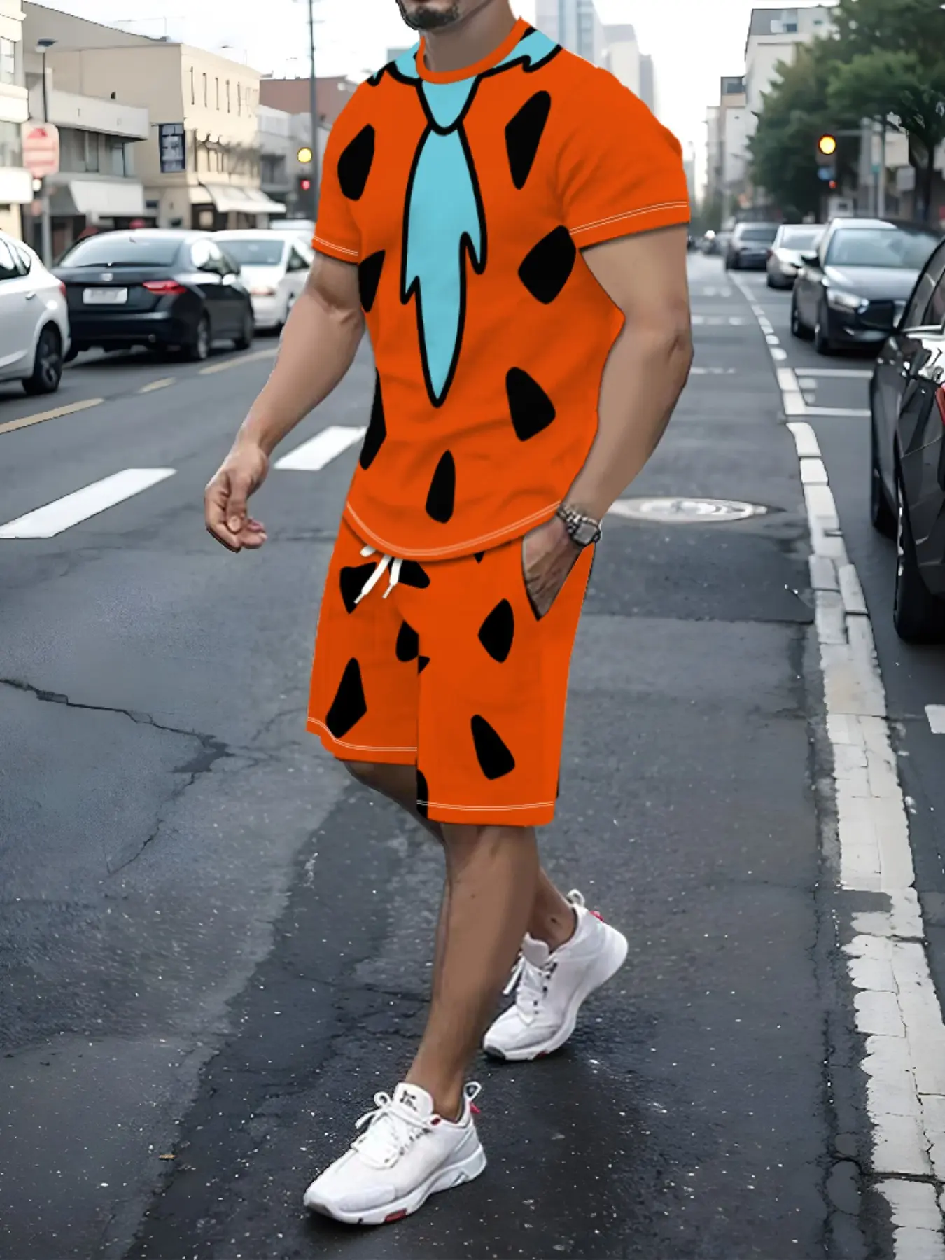 Men's Two-Piece Set, Fun Cartoon Style, Modern Caveman Print, Round Neck, Short Sleeve Top, Shorts, Breathable, Comfortable, Casual