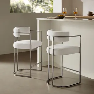 Huron Curved Back Fabric and Metal Counter Stool in Silver Cream