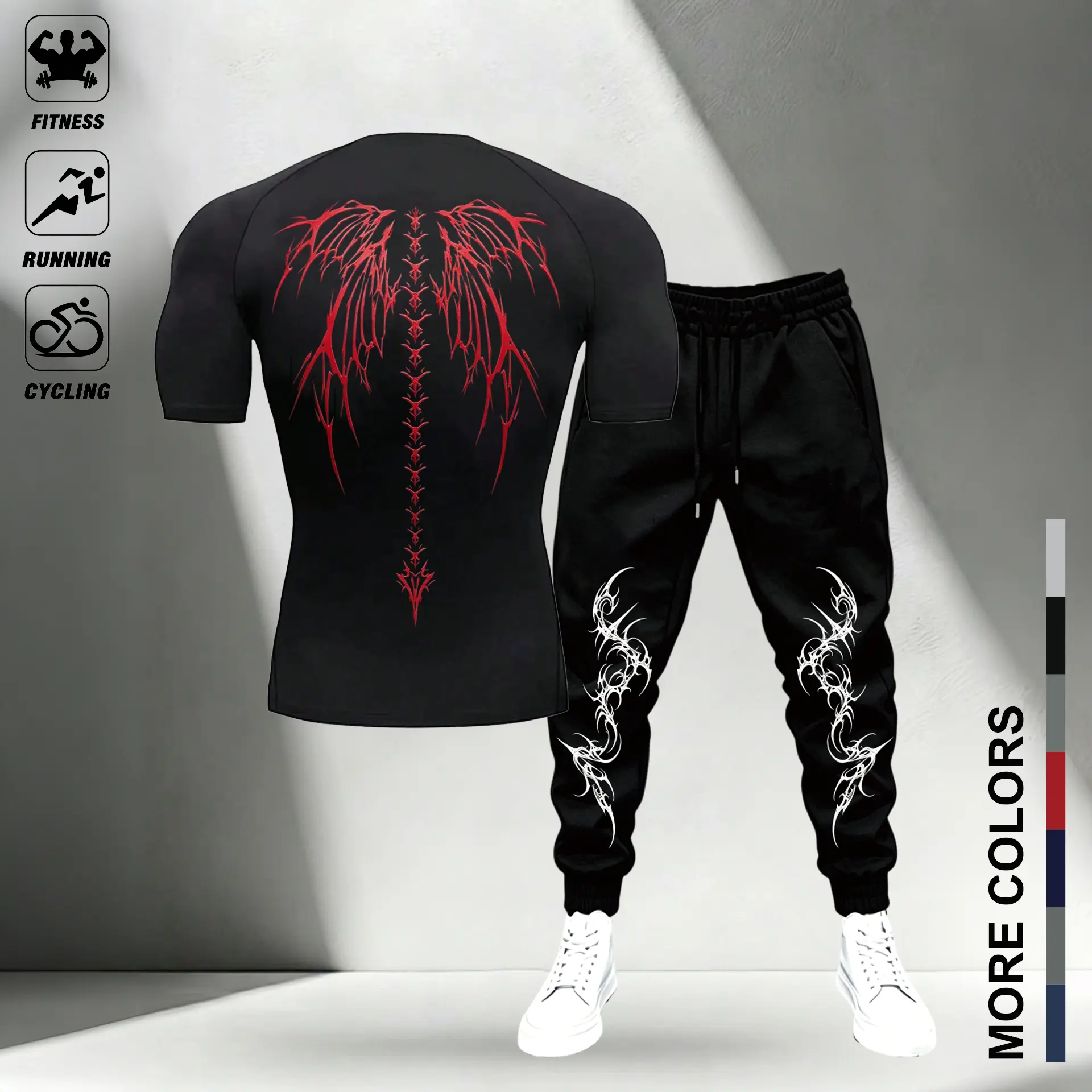 Fitness Running Cycling Set Black T Shirt with Red Angel Wings,Black Sweatpants with White Tribal Design-More Colors Available,Men Gothic Thorn Wing Print Tracksuit, Muscle Fit Quick Dry Workout T-Shirt+Jogger Pants Set, Streetwear Fitness Training Outfit