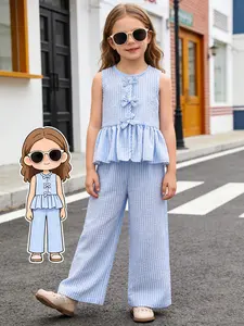 Girls' Summer Set, Blue & Striped Bow Tie Sleeveless Top & Wide Leg Pants, Sweet Two-Piece Ensemble for Girls
