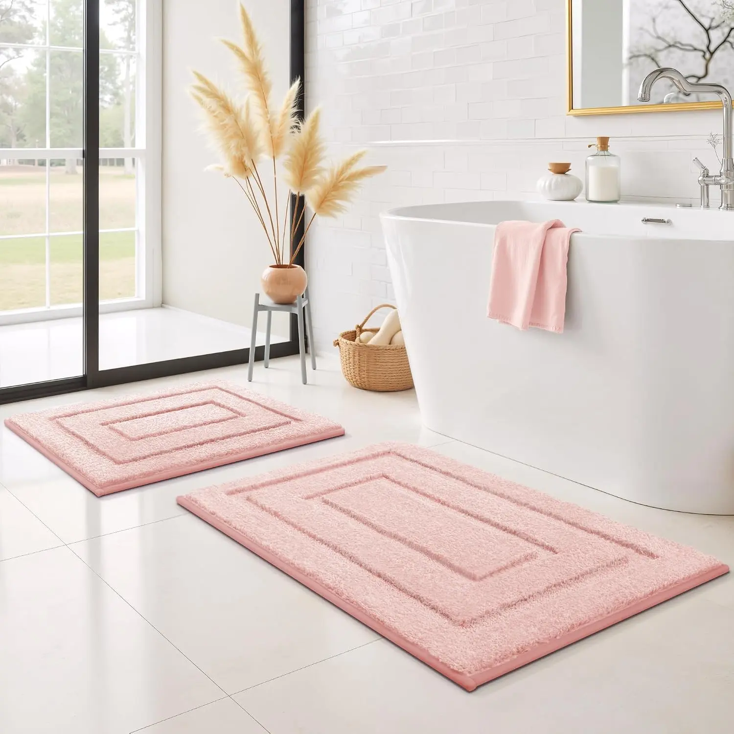 Rugs Sets 2 Piece,Soft Bath Mats for, Bath Rugs Non Slip Washable, Absorbent Bath Rug for Tub, Shower and, Bath Mat Set (Pink, 20" x 32" + 16" x 24")