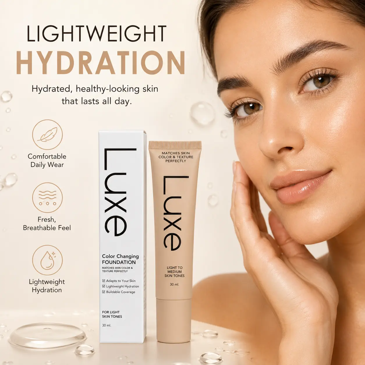 Luxe Color Changing Foundation, Skin Tone Matching Liquid Makeup for Light to Medium Skin Tones, Lightweight Hydrating Face Foundation with Buildable Coverage, Natural Flawless Finish, Seamless Blend Beauty Makeup
