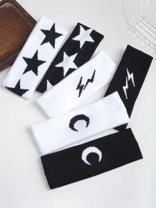 6pcs Autumn Winter Thin Knitted Moon Star Lightning Hair Bows Set, Casual Daily Wear, Sports Yoga, Elastic Sweat Absorbent Headbands, Headbands Women