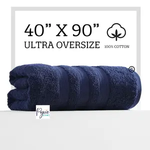 For Plus Size - Ultra Extra-Large Bath Towel - 40"x90" - Ultra Oversize Bath Sheet - 100% Cotton - NAVY COLOR Border Fluffy