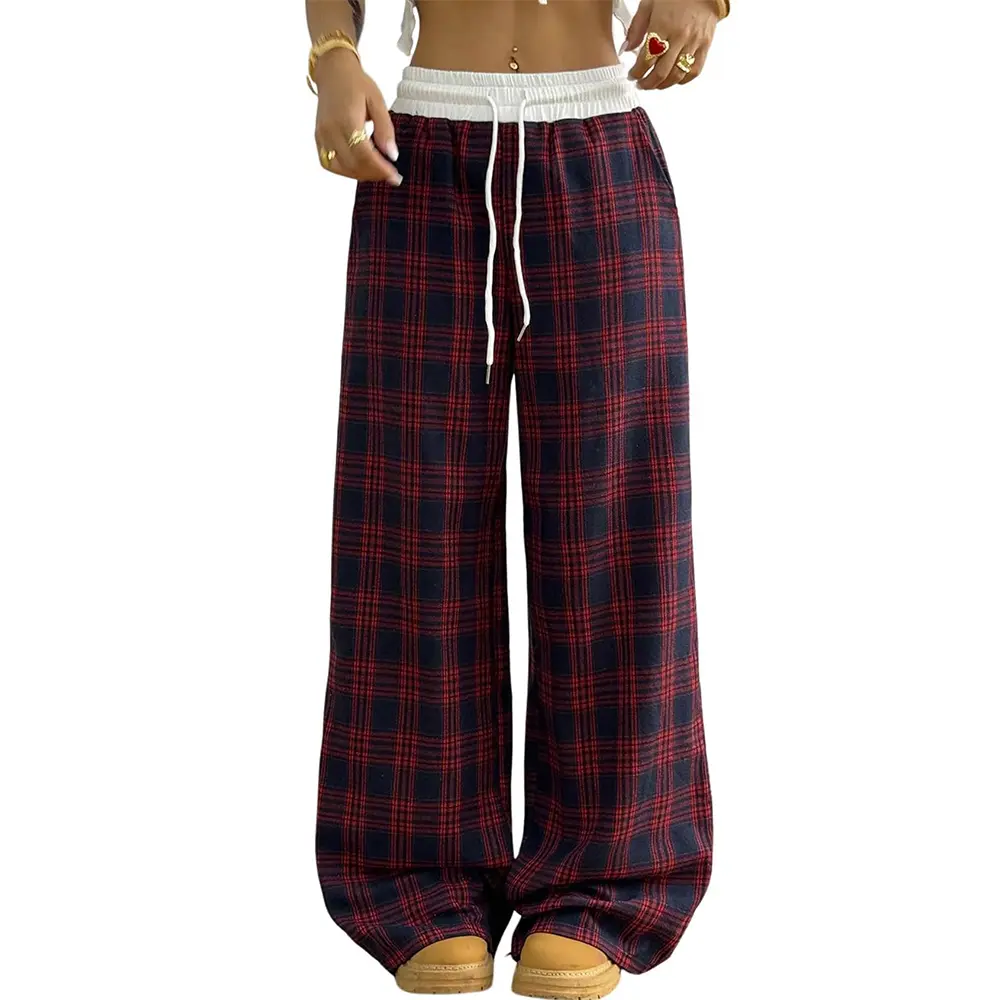 Arssm Women Plaid Pants Gingham Pajama Pants Drawstring Wide Leg Checkered Bottoms with Pockets