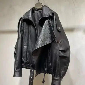 Korean Fashion Black Leather Jacket Women Clothing Autumn/Winter New Loose Casual Coat PU Leather Motorcycle Jacket Women TopsCan be used with raincoat