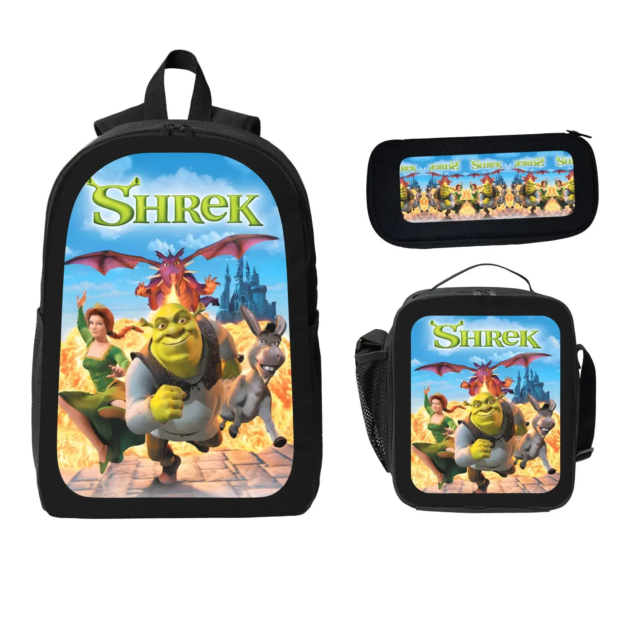 Men's 3-Piece Shrek Anime Cartoon Luggage Set - Polyester Lightweight Backpack, Pencil Case, Insulated Lunch Bag for Daily Use, Holiday