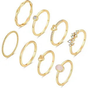 8-12PCS 14K Gold Stacking Ring Set for Women Dainty Thumb Stackable Rings Gold Heart CZ Non Tarnish Rings Plain Band Size 4-11