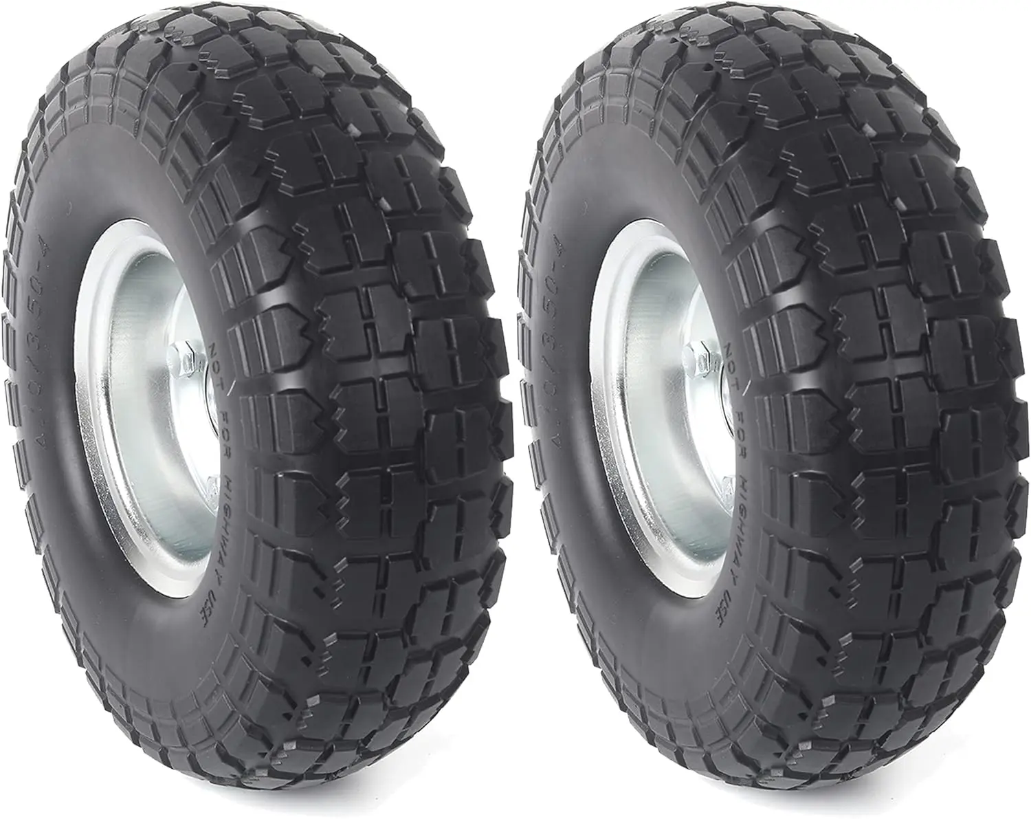 (2-Pack) 10-Inch Resilient Solid Rubber Tire Wheels - 4.10/3.50-4" Flat Free Replacement Tires with 5/8" Bearings, 5/8" Axle Bore, 2.2" Offset Hub, 3.2" Width, 10.3" Outer Diameter for Hand Carts, Transportation