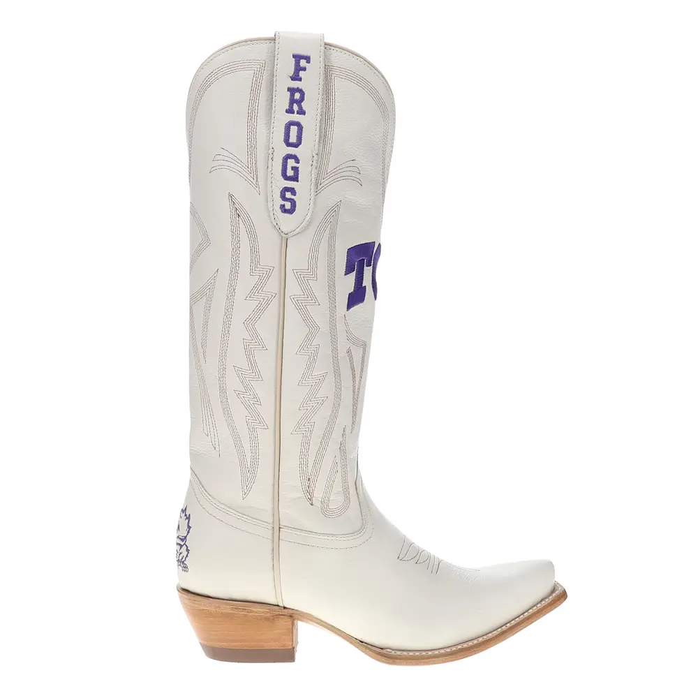 Gameday Boots Womens Texas Christian University Gameday Embroidered Snip Toe Pull On  Casual Boots Mid Calf Low Heel 1-2" - Off White