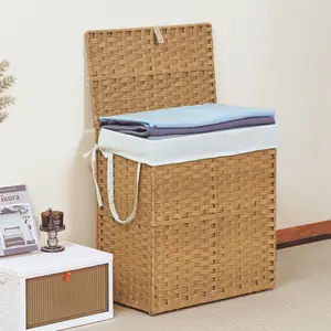 90L/110L Woven Rattan Laundry Hamper with Adjustable Lid, Dirty Clothes Busket, Foldable, Steel Frame, Machine Washable for Home, Bathroom, Bedroom