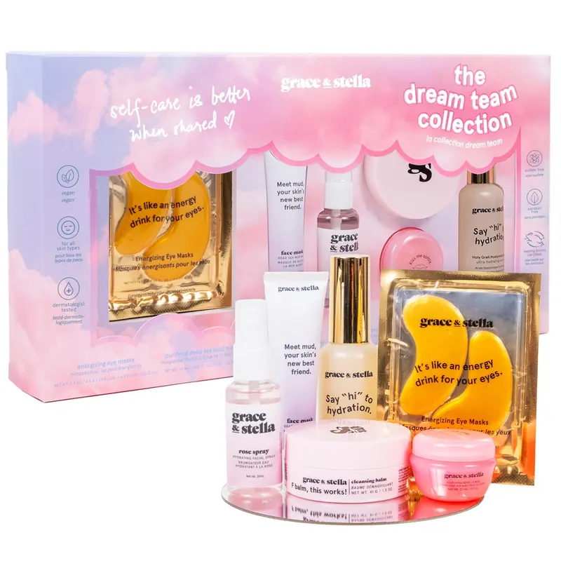 Dream Team Skincare Gift Vegan Set – with Under Eye Masks, Rose Water Spray, Cleansing Balm, Lip Mask & Hyaluronic Acid by grace & stella