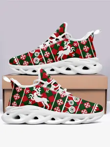 Men's Casual Shoes Christmas Red Green Plaid Colorblock Patchwork Sneakers, Reindeer Snowflake Print Lightweight Breathable Sports Shoes, Fashion Trend Sole
