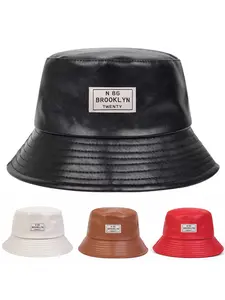 Unisex N 86 Brooklyn Twenty PU Leather Fisherman Hat, Outdoor Sun Protection Casual Letter Pattern Fishing Bucket Hat for Spring & Fall, Men Women Travel Beach Vacation