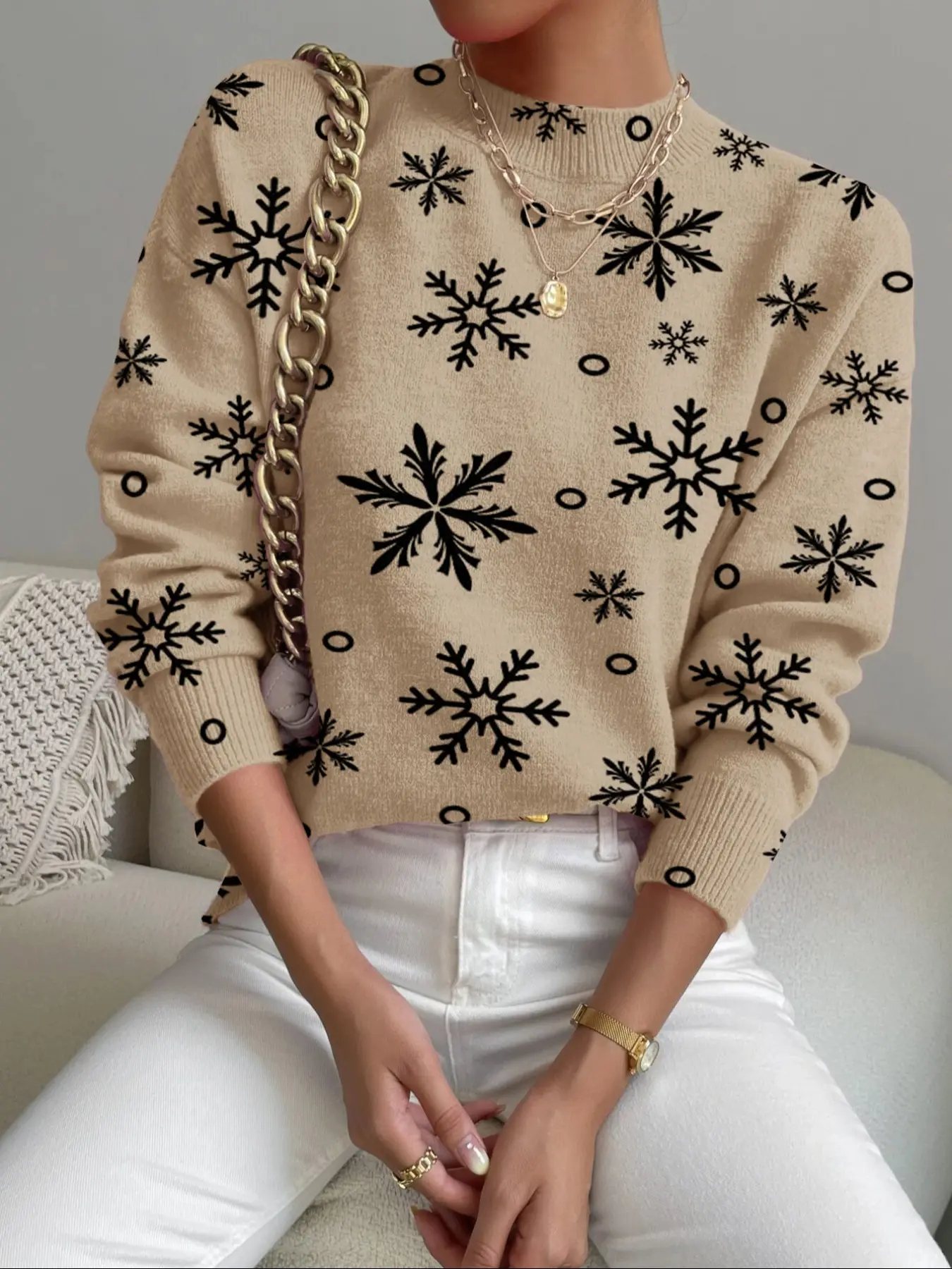 Women's Christmas Snowflake Printed Stand Collar Sweater, Fall Winter Casual Long Sleeve Knitwear, Comfortable Warm Daily Wear