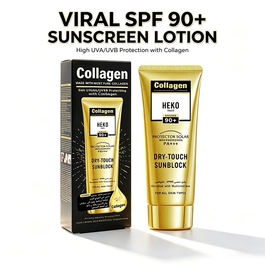 HEKOBEAUTY Collagen Sunscreen SPF90, a water-resistant, dry-feel body lotion for preventing sunburn and everyday skin repair.