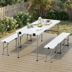 Picnic Table Set with 2 Benches,6 Feet Folding Camping Table Chair Set with Wood Grain Tabletop ,3-Piece Outdoor Indoor Portable Folding Furniture for Party, Camping, Picnic, Weddings