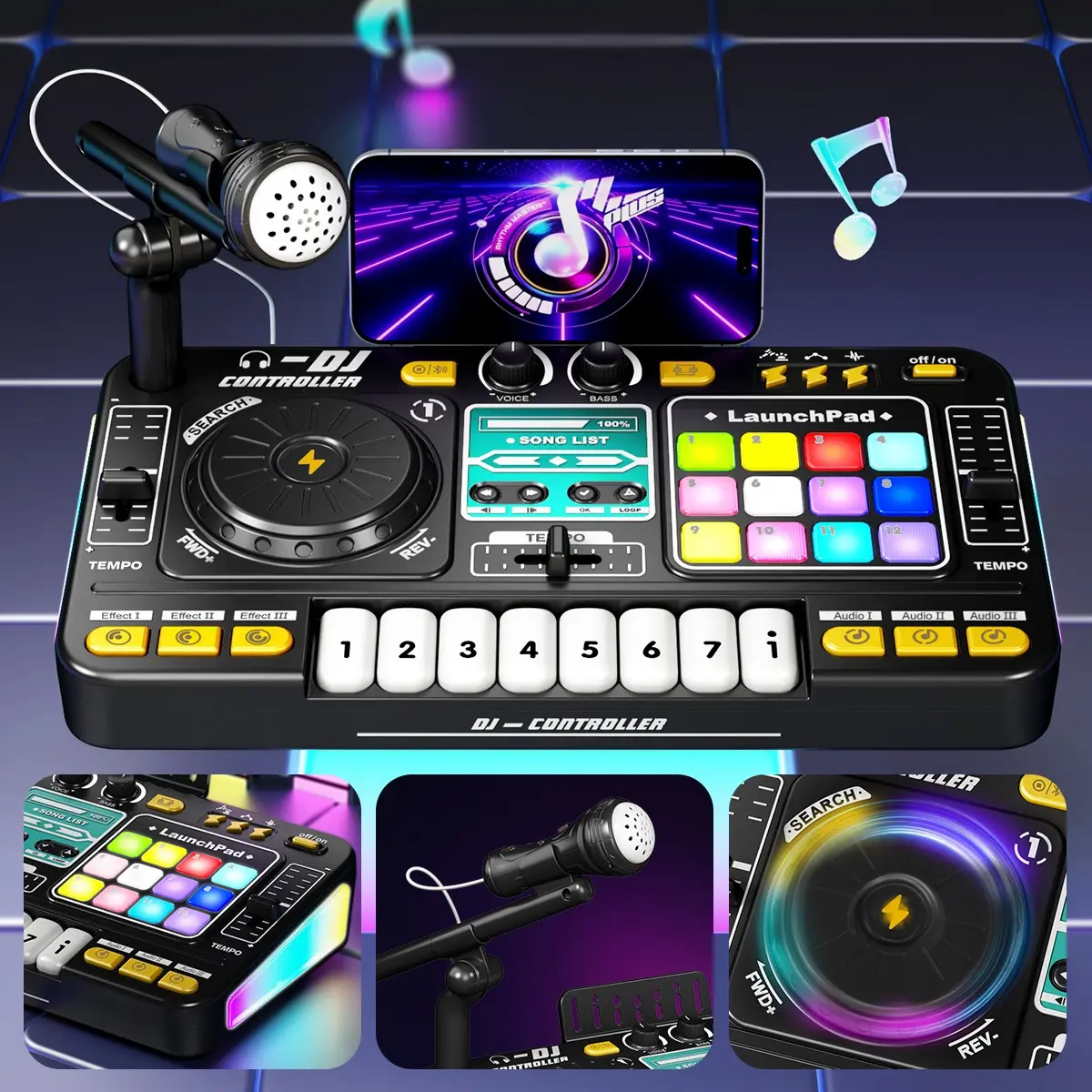 Multifunctional Electronic Dj Toy with Light Sound Effect Microphone, 12 Preset Music, Recording Programming Multi-Effect, Best Musical Gift, Dj Controller Mixer, Entertainment Mixer, Dj Mixer Effects