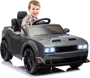 【Christmas Gift】Gray Licensed Dodge Challenger 12V Kids Electric Ride On Car With Remote Led Lights Bluetooth Mp3 Adjustable Speeds And Safety Features For Toddlers Gray