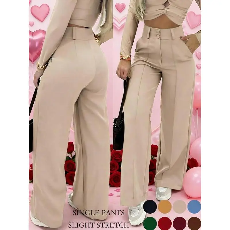 Women's Basic Wide-Leg Bottoms with Double-Button Front, Versatile Commuter Essential, Stylish Office Sports Bottoms, Bottom