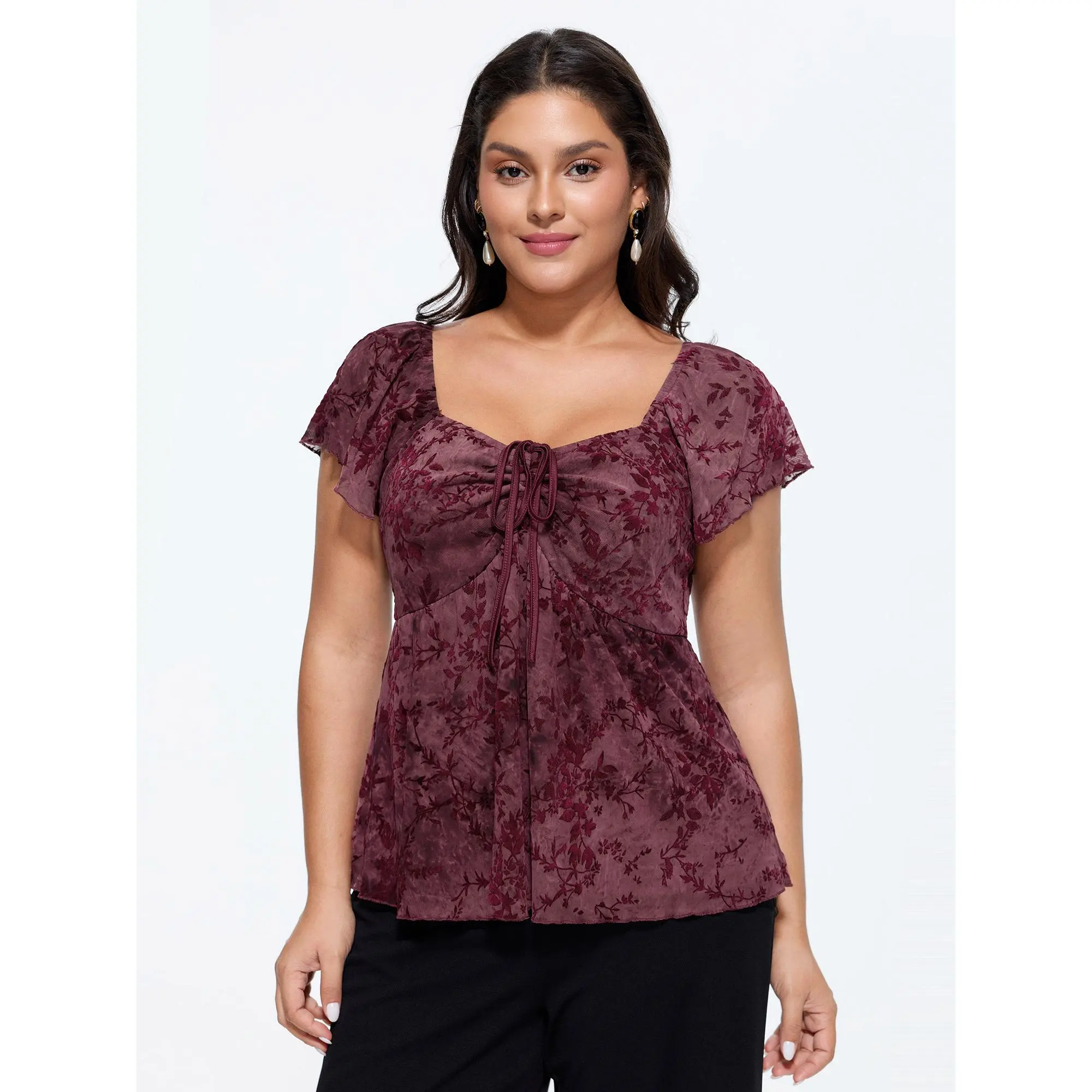 BloomChic Women's Plus Size Romantic Ditsy Floral Mesh Blouse with a Cropped Fit, Ruched Details and Cap Sleeves,back to school,back to school shopping, Plussize