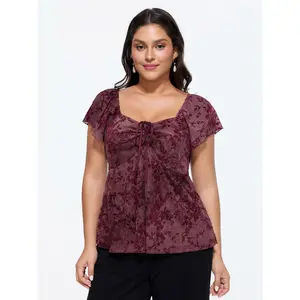 BLOOMCHIC Women's Plus Size Floral Print Mesh Ruched Knit Top - Shirts, Blouse, Spandex Fabric Garment, Size M-6X, 2026 Summer Swimweek Vibes, Limited Deals