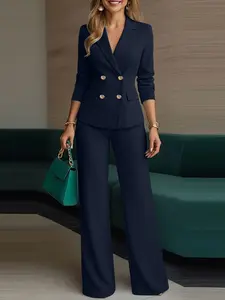 ZANZEA Women's European Style Chic Blazer Jacket and Straight Leg Pants Set, Two-Piece for Daily Commute, Long Sleeve Suit Ensemble