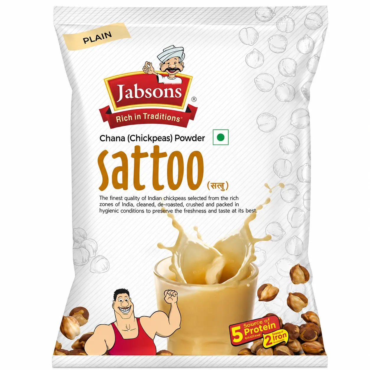 Jabsons Sattoo Powder 500g – Roasted Bengal Chana Gram High-Protein Chickpea Flour, Natural Pre-Workout Drink Mix, Traditional Indian Superfood for Gym, Fitness and Active Lifestyles