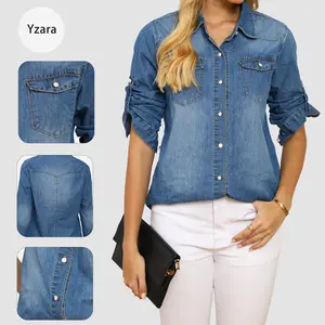 Women's Western Denim Blouse - Longsleeves, Collared Neck, Classic Yoke, Fitted Minimalist Style, Chest Pockets, Elegance-Focused Lady's Fabric Top, Basic Chic Elegant Casual Layering Option - Blue, White, Black