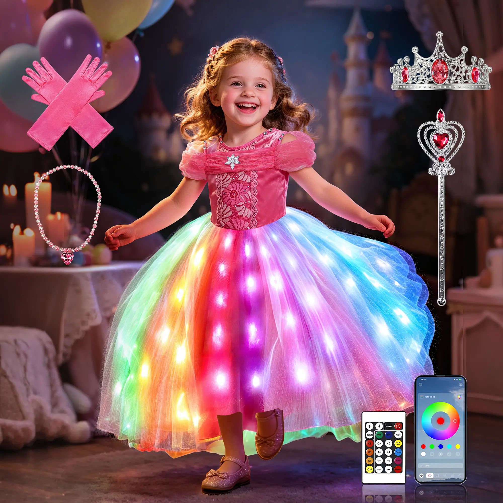 UPORPOR Girls' LED Light-Up Ice Princess Party Costume - Pink Tulle Dress with 100+ Modes, Music Sync & Accessories, Tulle Skirt, Costume Ideas for Halloween, Christmas, Ages 3-9, Size 3-4 Years, Led Lights, Princess Costume