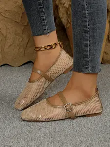 2026 New Taupe Mesh Flats with Brown Leather Trim & Metal Buckle Square Toe Soft Retro Commuter Flats Women