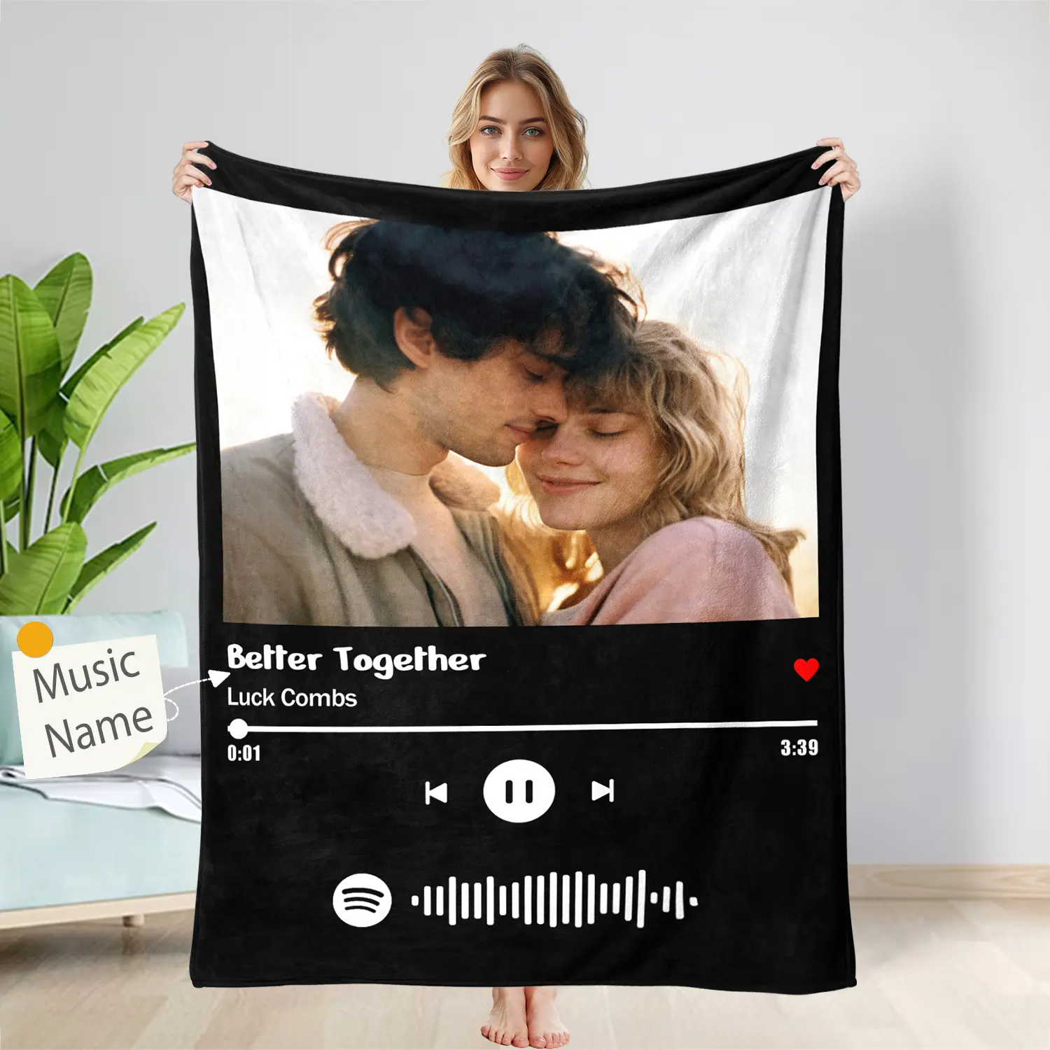 Custom Music Blanket Personalized Photo Blanket, Customized Spotify Code Song Blanket, Couple Wedding Birthday Gift, Dopamine Decor Cozy Aesthetic