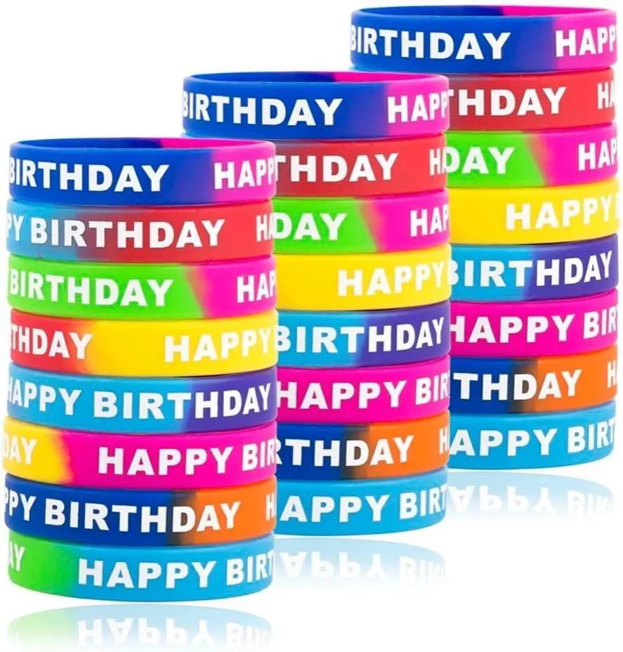 Happy Birthday Bracelets, 24 Pack Spliced Color Soft Silicone Stretch Bands for Kids' Fun Celebration Party Favors and Decorations, Party Decoration