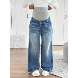 Maternity Knitted Waist Support Retro Blue Denim Loose Straight Leg Pants Pregnancy Clothes Postpartum Outfits