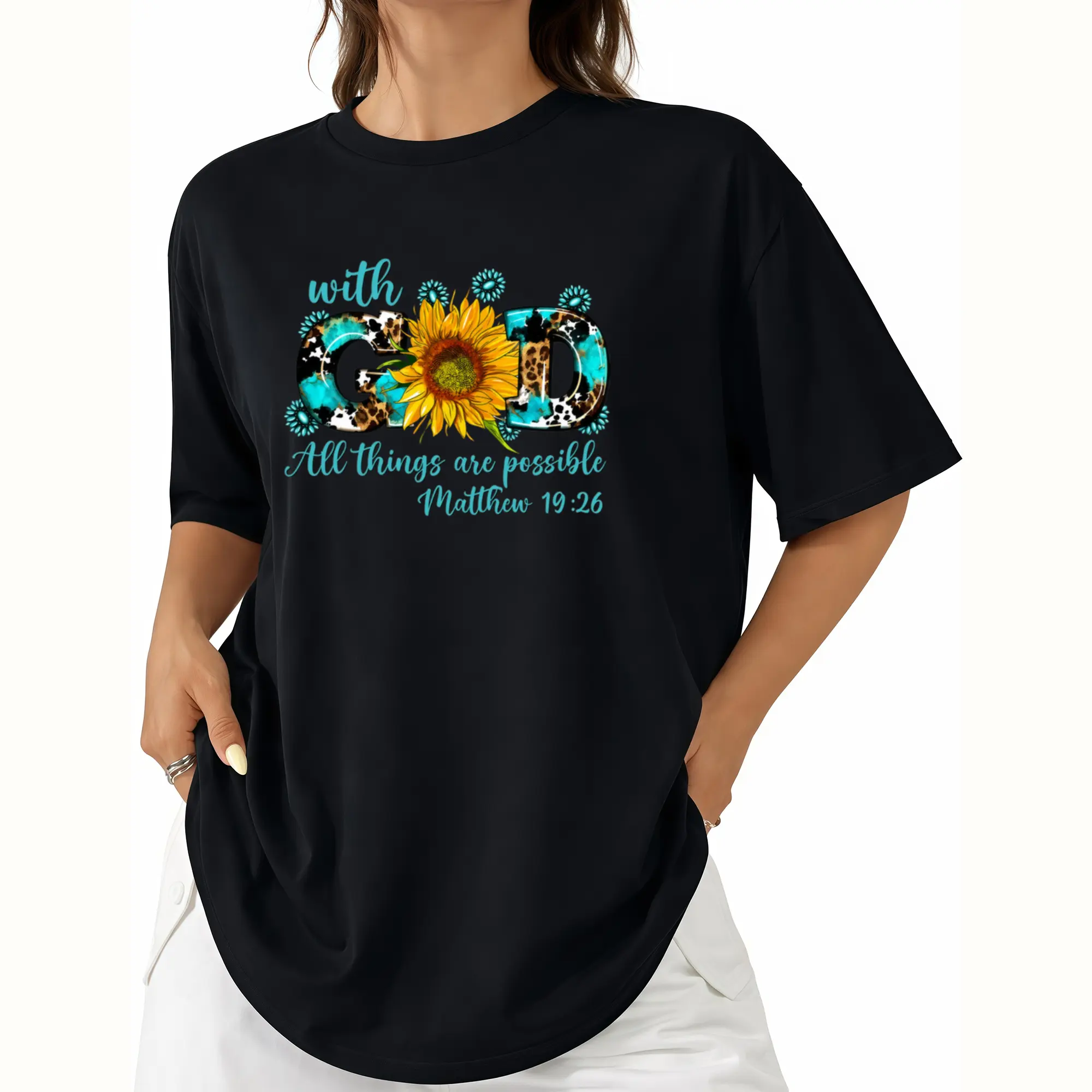 Women's Sunflower Print Crew Neck Short-Sleeve T-Shirt - Comfortable Casual Fashionable Top for Spring & Summer, Everyday Leisure Womenswear, Golf Gift for Men & Women