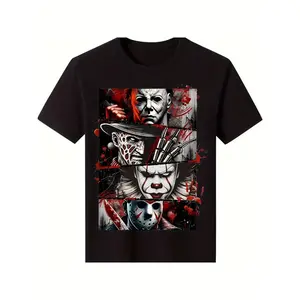 Men's 100% Cotton Horror Icons Graphic T-Shirt - Black Short Sleeve Casual Streetwear Tee with Jason, Freddy Krueger & Michael Myers Digital Print - All-Season Comfort