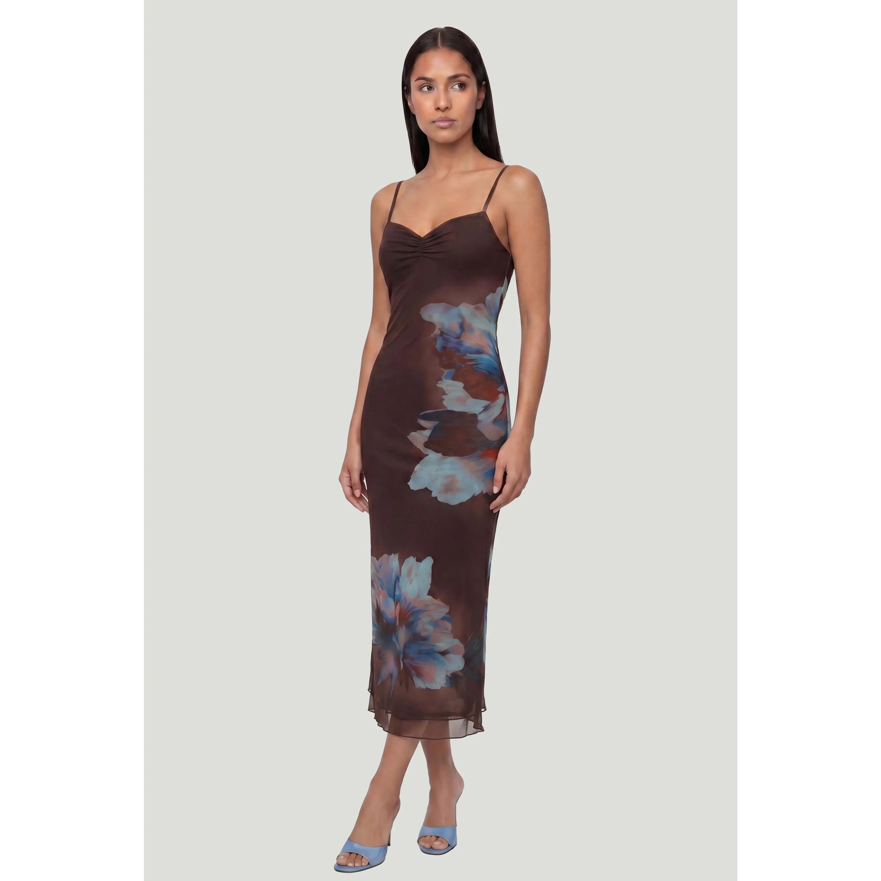 Floral Mesh Overlay Midi Dress