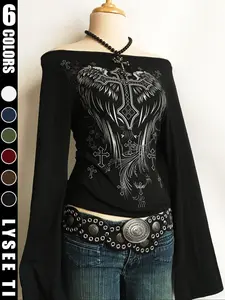 Fashion Casual Y2K Women's Cross Print One-Shoulder Flared Long Sleeve Top, Cool Shirt, Halloween Style, Fitted Design, Fall & Winter Wear, Aesthetic, Shirts, Womenswear