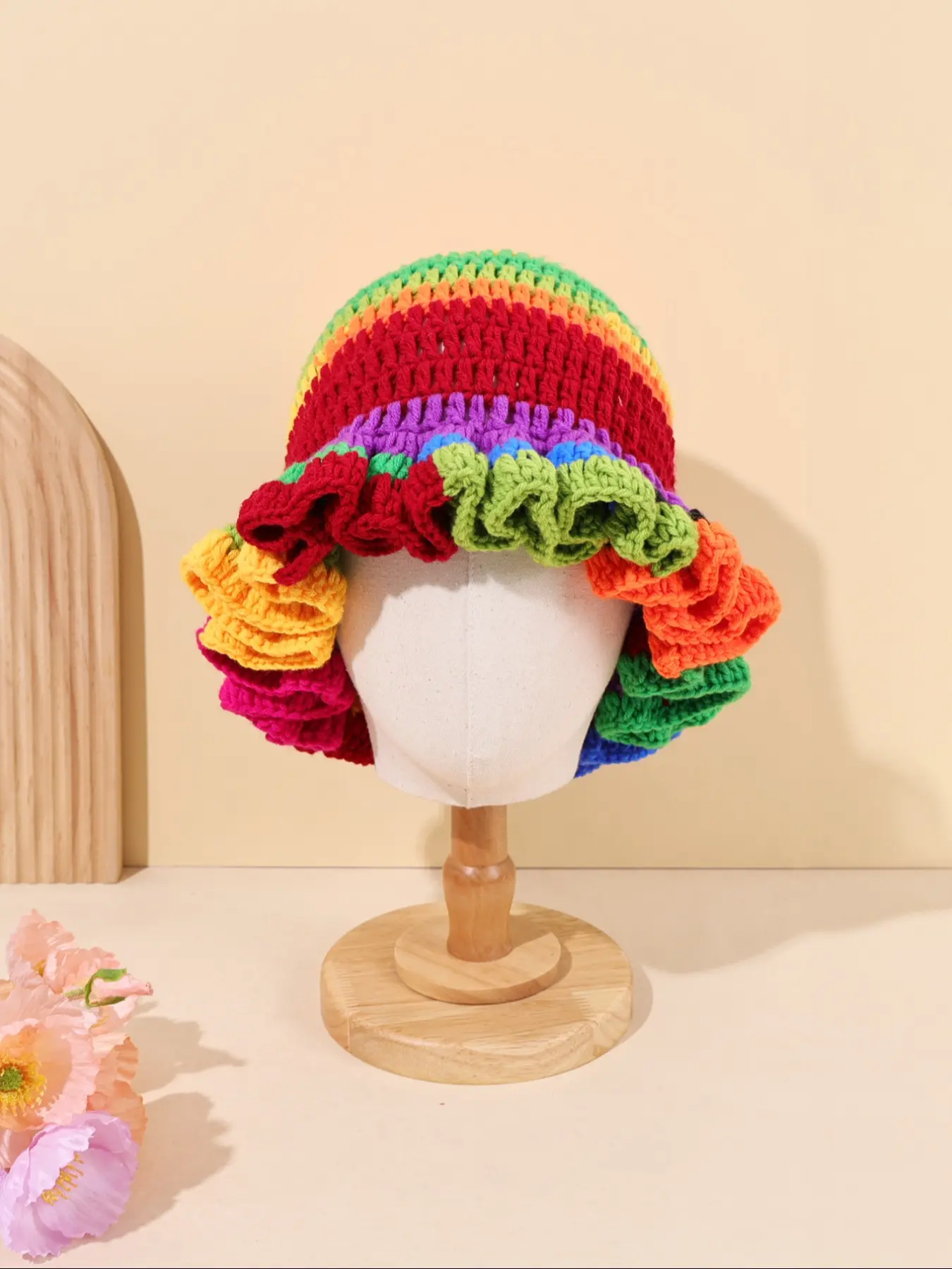Rainbow Hand Woven Ruffle Bucket Hat, Y2K Color Aesthetics, Comfortable and Warm, Unique Style, Ideal for Daily Dressing and Outdoor Exploration, Bucket Hat Design, Fashion Matching Hat, Knit Hat