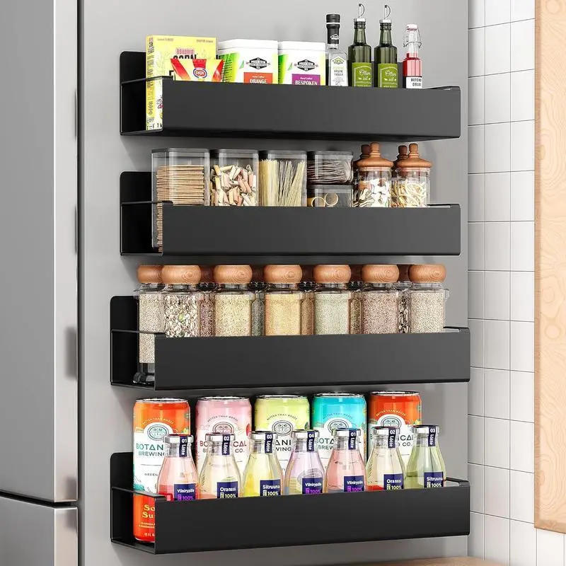 Metal 4 Pack Magnetic Black Magnetic Spice Racks - Carbon Steel & ABS Home Supplies, No-Drill Durable High-Strength Magnets, Garage/Kitchen Organizers with 8 Bonus Utensil Hooks, Easy Installation