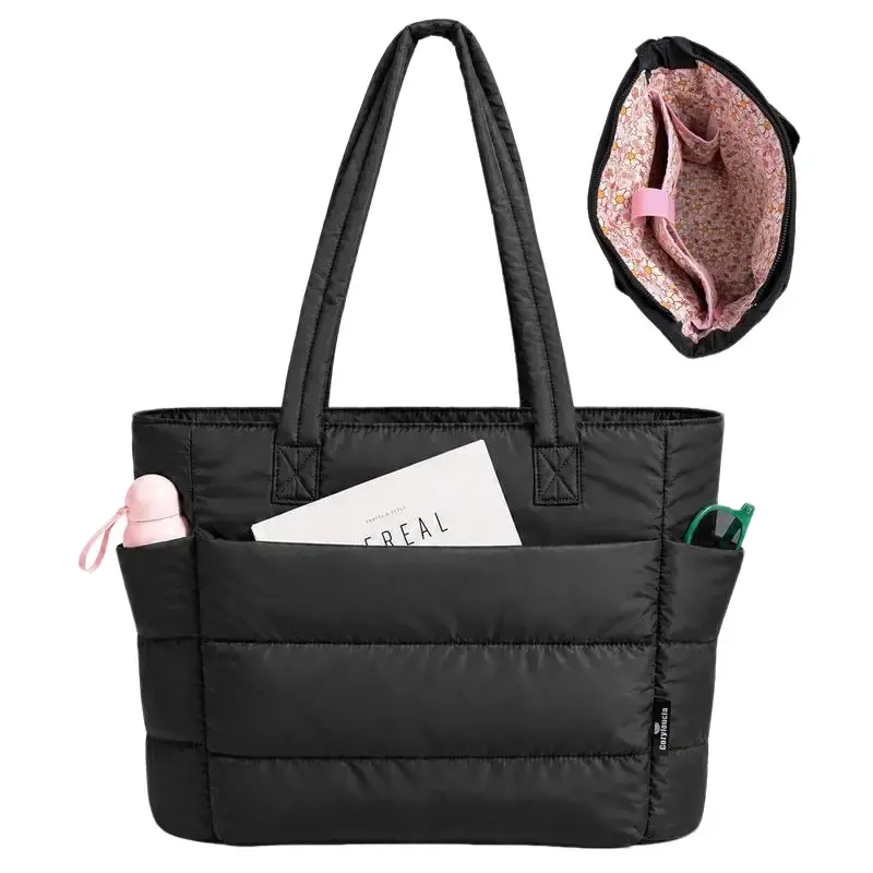 CozyLoucia Cute Puffer Tote Bag for Women Pink Flower Print Interior Laptop Shoulder Handbag, Lightweight Best Tote Bag for Work with Multiple Compartments for Travel , Work and School, Quilted Puffer Bag, Gifts For Women DealsforYouDays